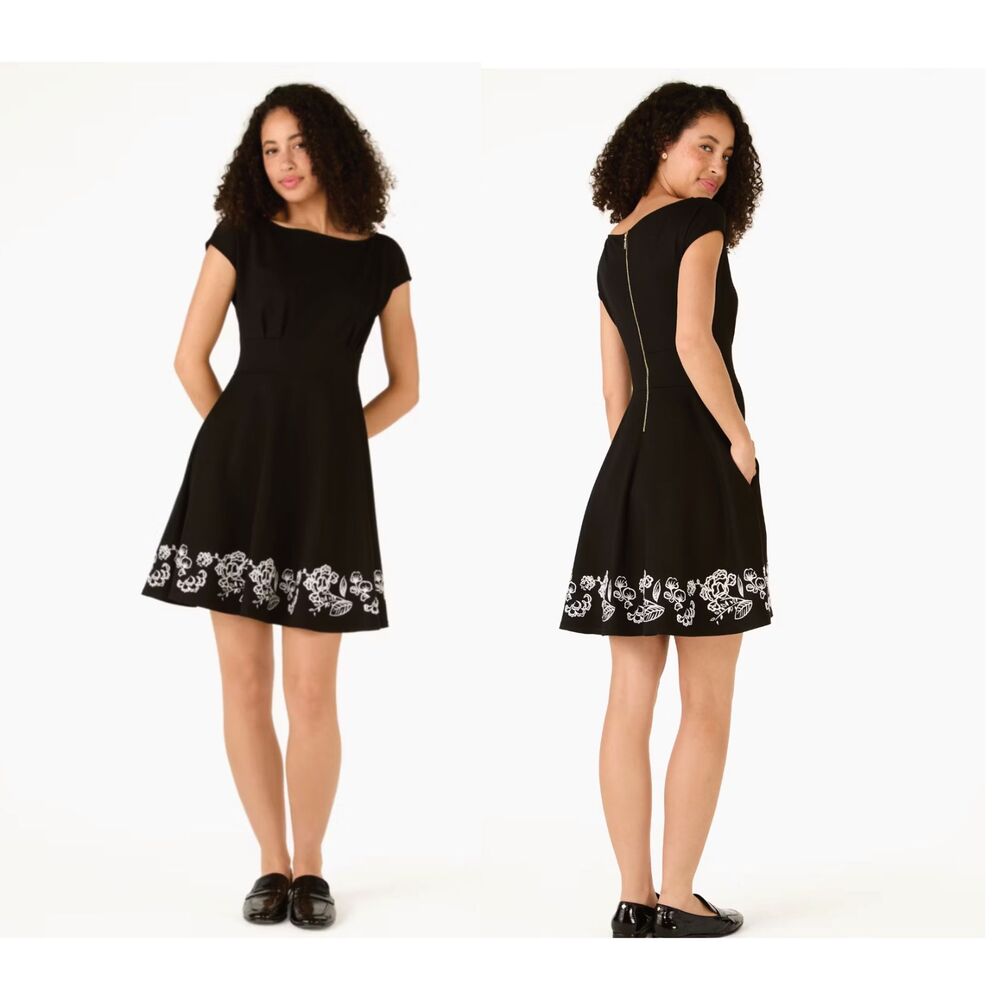 Kate Spade Embroidered Fiorella Dress black white skater small